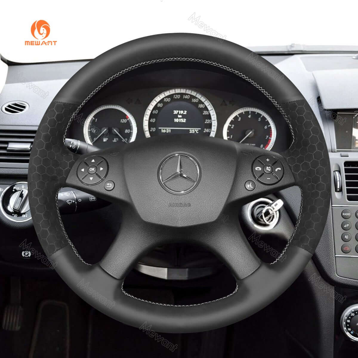 MEWANT Steering Wheel Cover for Mercedes Benz C - Class W204 2007 - 2011 - Alcantara, Leather, Carbon Fiber, Easy Install, Non - Slip, Best Steering Wheel Cover