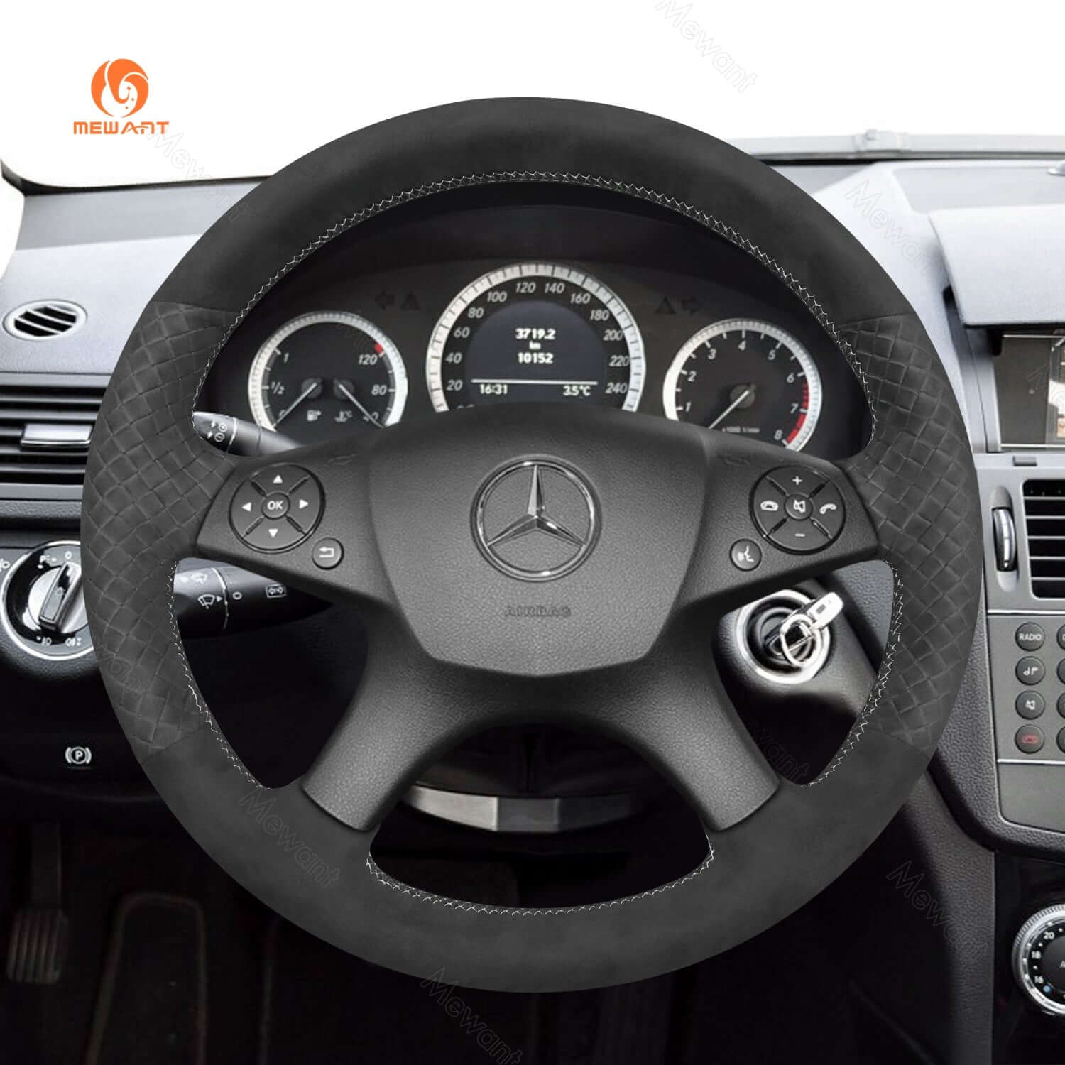MEWANT Steering Wheel Cover for Mercedes Benz C - Class W204 2007 - 2011 - Alcantara, Leather, Carbon Fiber, Easy Install, Non - Slip, Best Steering Wheel Cover