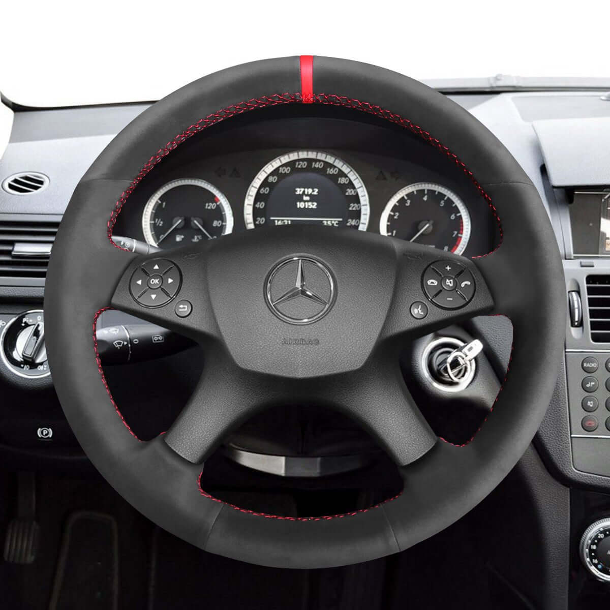 MEWANT Steering Wheel Cover for Mercedes Benz C - Class W204 2007 - 2011 - Alcantara, Leather, Carbon Fiber, Easy Install, Non - Slip, Best Steering Wheel Cover
