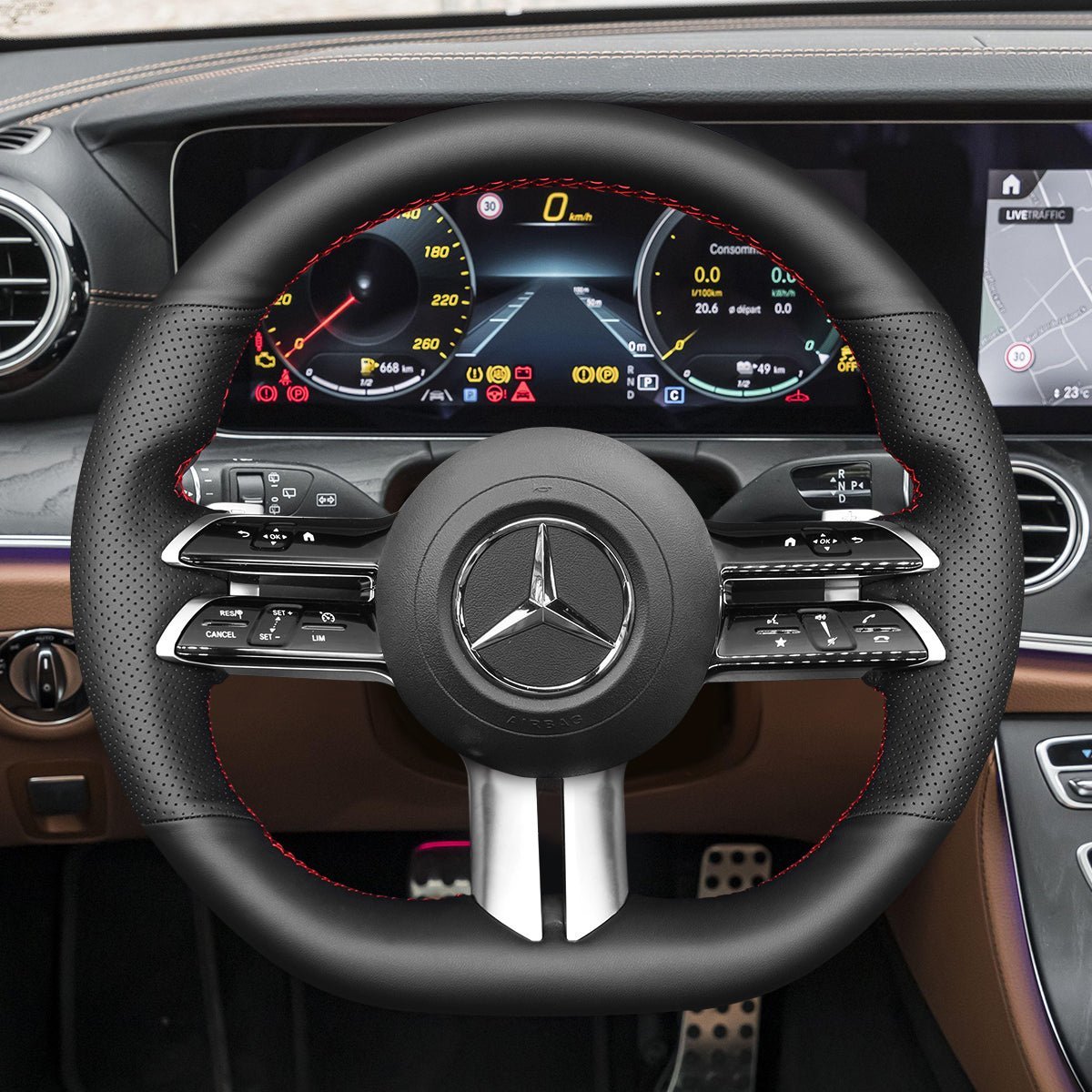 MEWANT Steering Wheel Cover for Mercedes Benz C - Class W206 E - Class W213 S - Class W223 2021 - Alcantara, Leather, Carbon Fiber, Easy Install, Non - Slip, Best Steering Wheel Cover