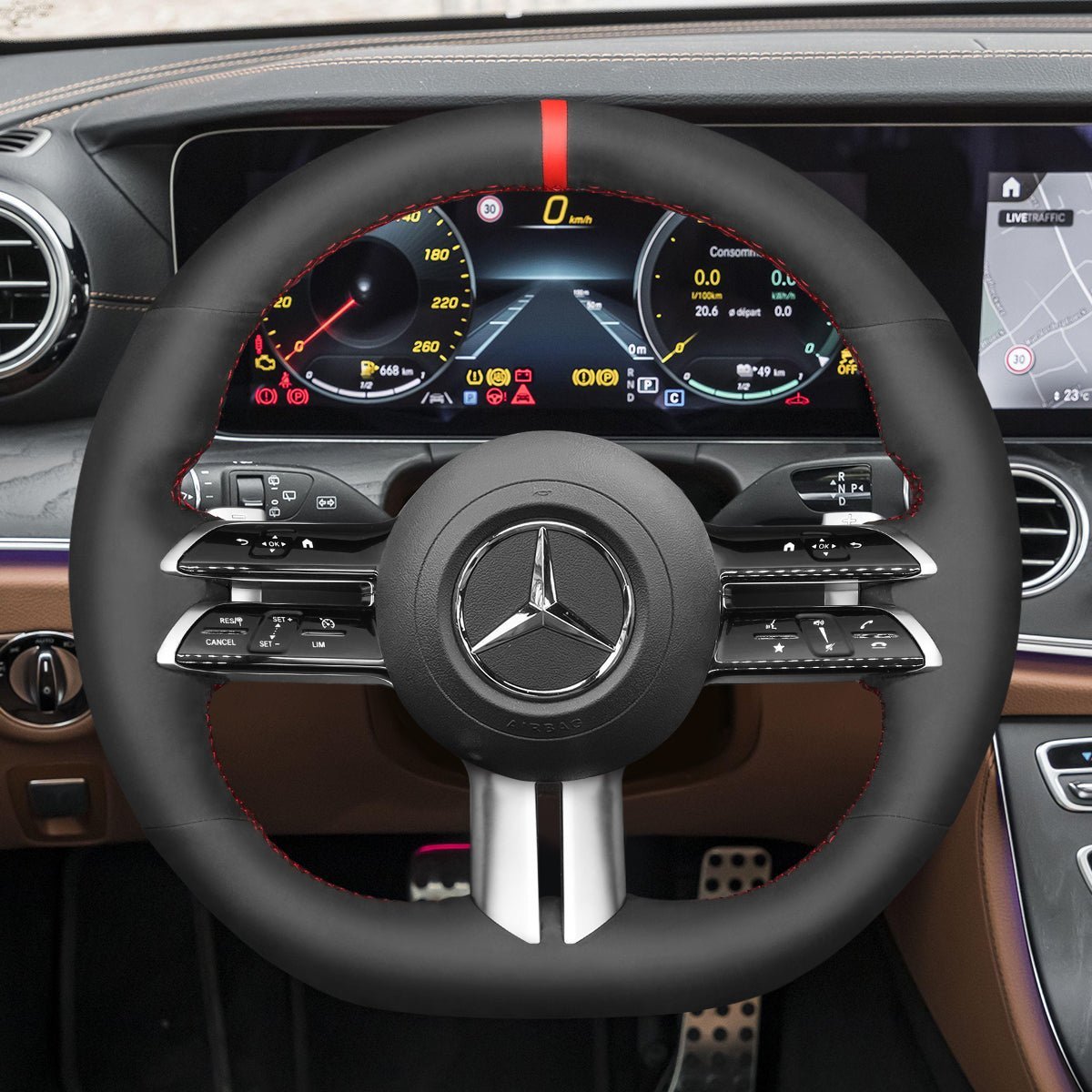 MEWANT Steering Wheel Cover for Mercedes Benz C - Class W206 E - Class W213 S - Class W223 2021 - Alcantara, Leather, Carbon Fiber, Easy Install, Non - Slip, Best Steering Wheel Cover