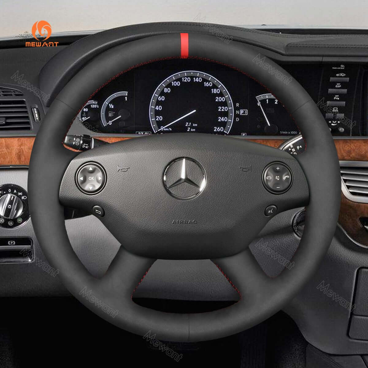 MEWANT Steering Wheel Cover for Mercedes Benz CL - Class C216 2007 - 2010 S - Class W221 2007 - 2009 - Alcantara, Leather, Carbon Fiber, Easy Install, Non - Slip, Best Steering Wheel Cover