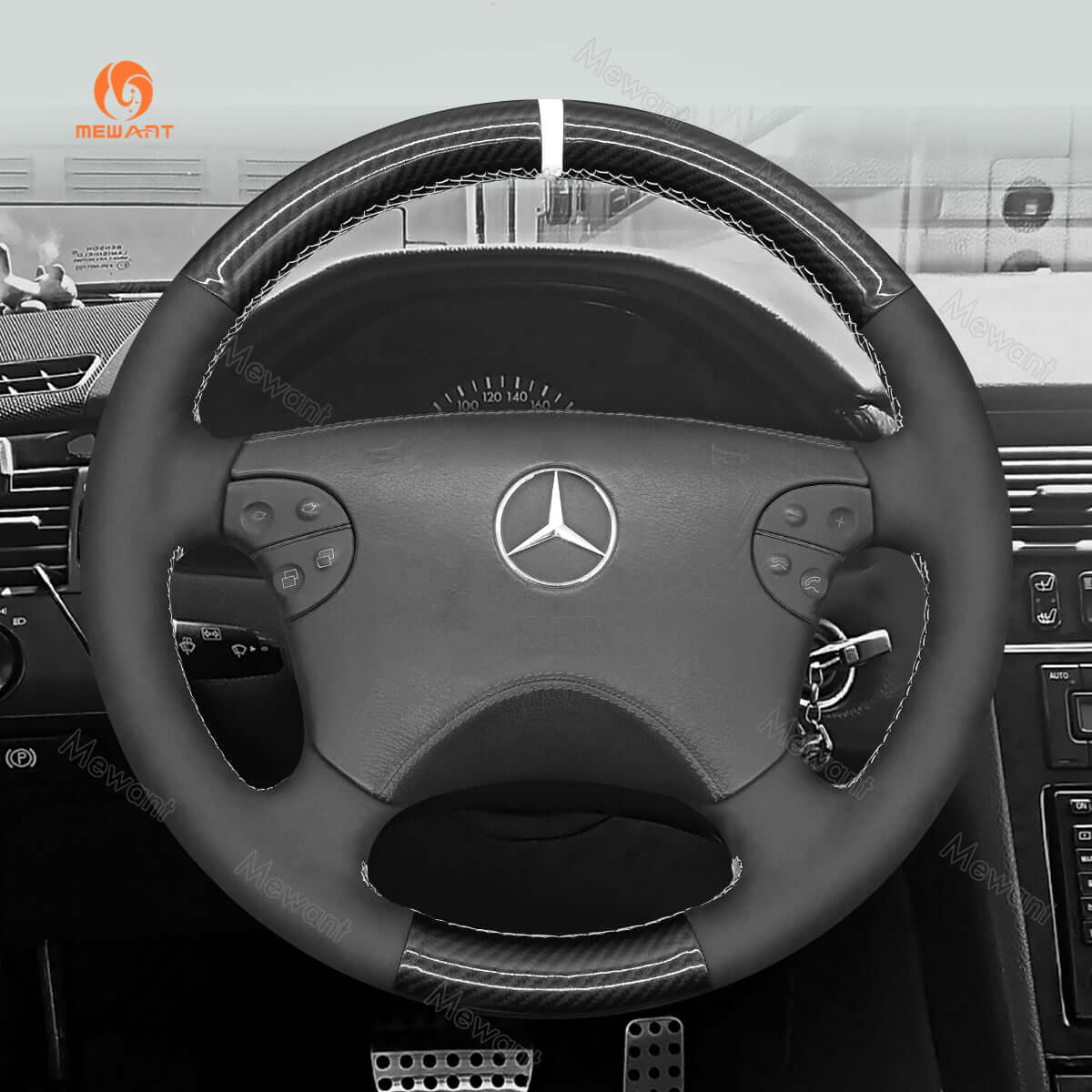 MEWANT Steering Wheel Cover for Mercedes Benz CLK - Class W208 C208 E - Class W210 G - Class W463 2000 - 2003 - Alcantara, Leather, Carbon Fiber, Easy Install, Non - Slip, Best Steering Wheel Cover