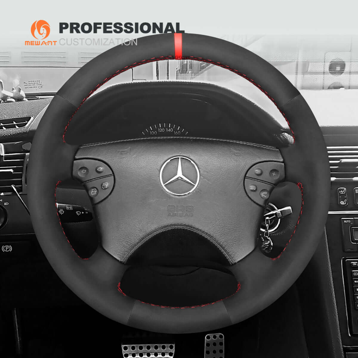 MEWANT Steering Wheel Cover for Mercedes Benz CLK - Class W208 C208 E - Class W210 G - Class W463 2000 - 2003 - Alcantara, Leather, Carbon Fiber, Easy Install, Non - Slip, Best Steering Wheel Cover