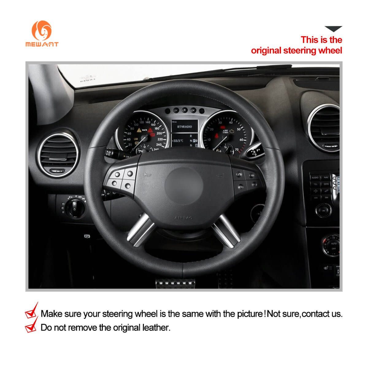 MEWANT Steering Wheel Cover for Mercedes Benz GL - Class X164 M - Class W164 R - Class 2005 - 2009 - Alcantara, Leather, Carbon Fiber, Easy Install, Non - Slip, Best Steering Wheel Cover