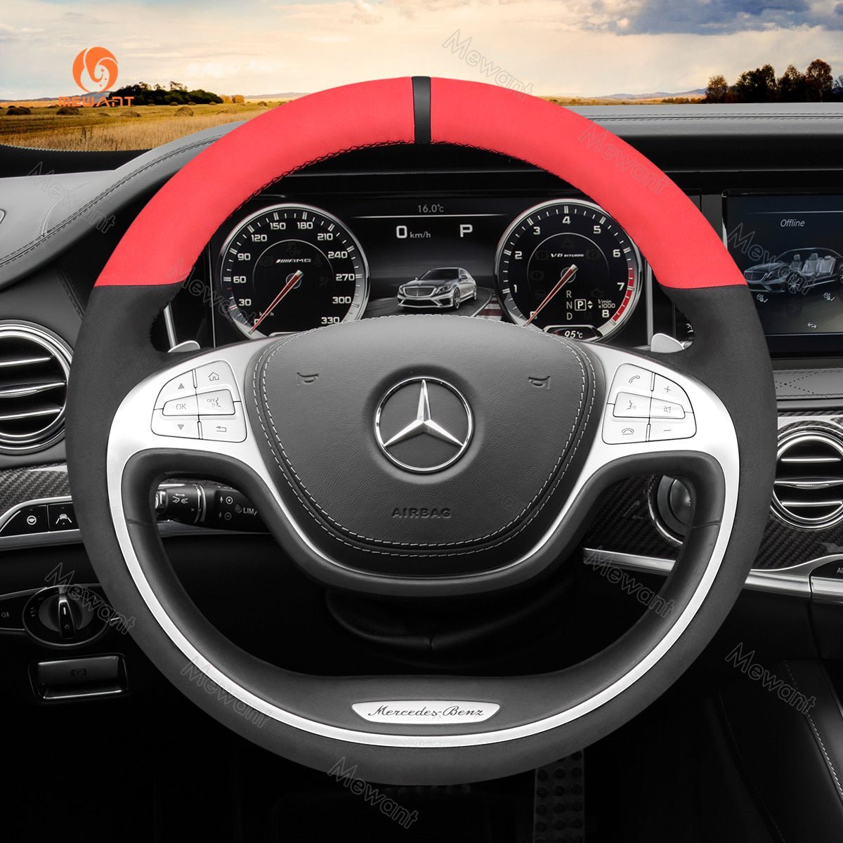 MEWANT Steering Wheel Cover for Mercedes Benz S - Class W222 2013 - 2017 - Alcantara, Leather, Carbon Fiber, Easy Install, Non - Slip, Best Steering Wheel Cover