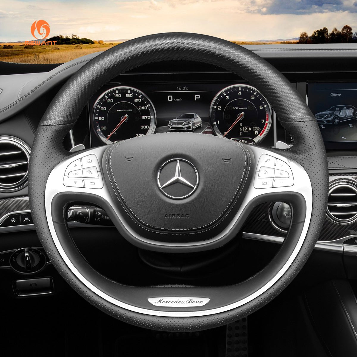 MEWANT Steering Wheel Cover for Mercedes Benz S - Class W222 2013 - 2017 - Alcantara, Leather, Carbon Fiber, Easy Install, Non - Slip, Best Steering Wheel Cover