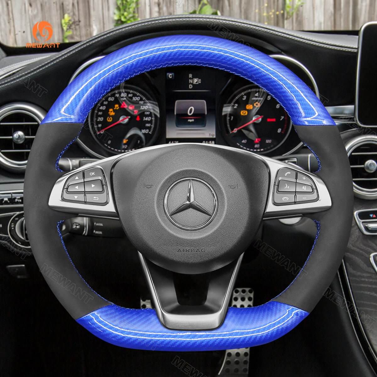 MEWANT Steering Wheel Cover for Mercedes Benz W176 W246 W205 C117 C218 X218 W213 X253 C253 2015 - 2020 - Alcantara, Leather, Carbon Fiber, Easy Install, Non - Slip, Best Steering Wheel Cover