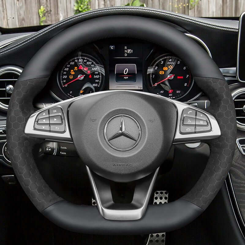 MEWANT Steering Wheel Cover for Mercedes Benz W176 W246 W205 C117 C218 X218 W213 X253 C253 2015 - 2020 - Alcantara, Leather, Carbon Fiber, Easy Install, Non - Slip, Best Steering Wheel Cover