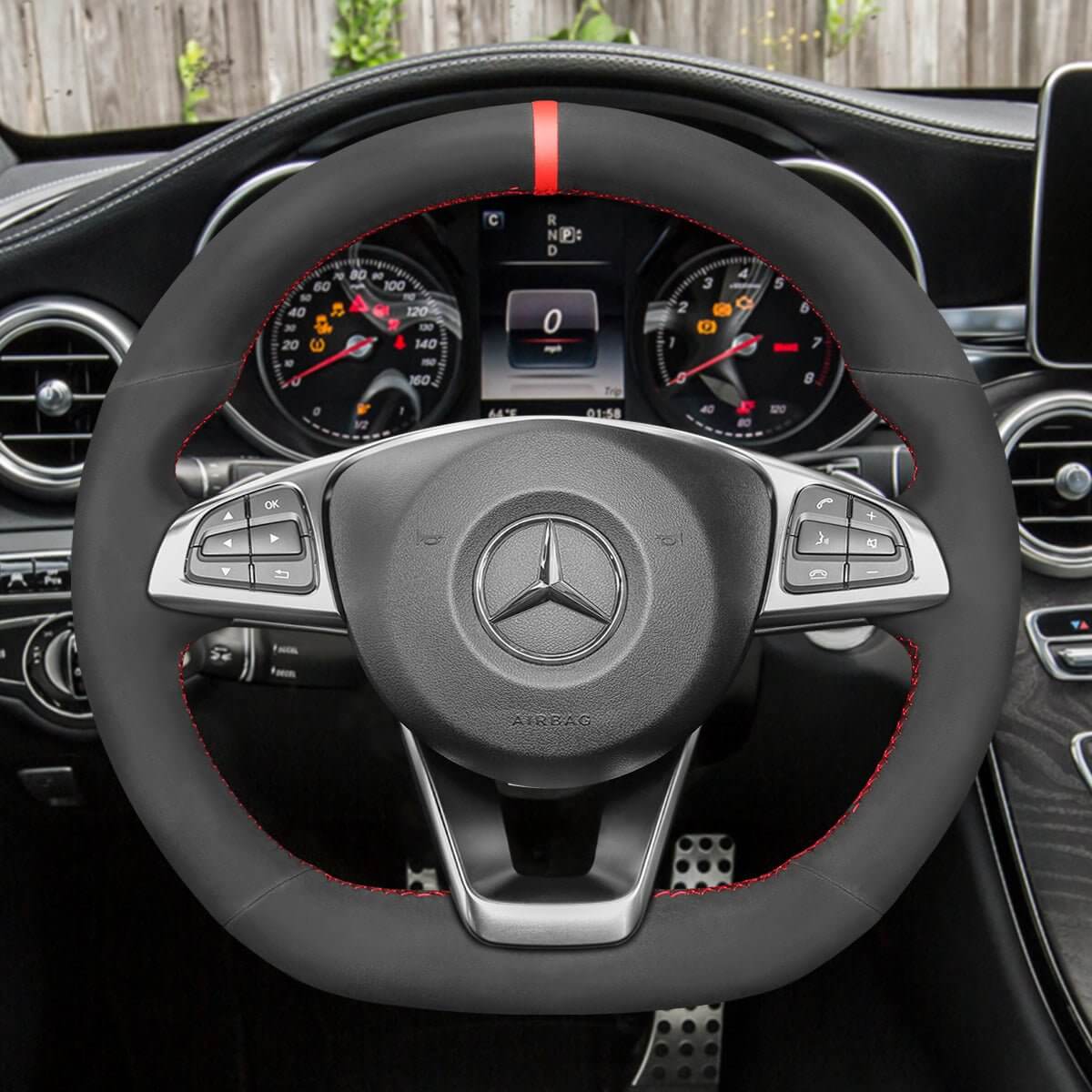 MEWANT Steering Wheel Cover for Mercedes Benz W176 W246 W205 C117 C218 X218 W213 X253 C253 2015 - 2020 - Alcantara, Leather, Carbon Fiber, Easy Install, Non - Slip, Best Steering Wheel Cover