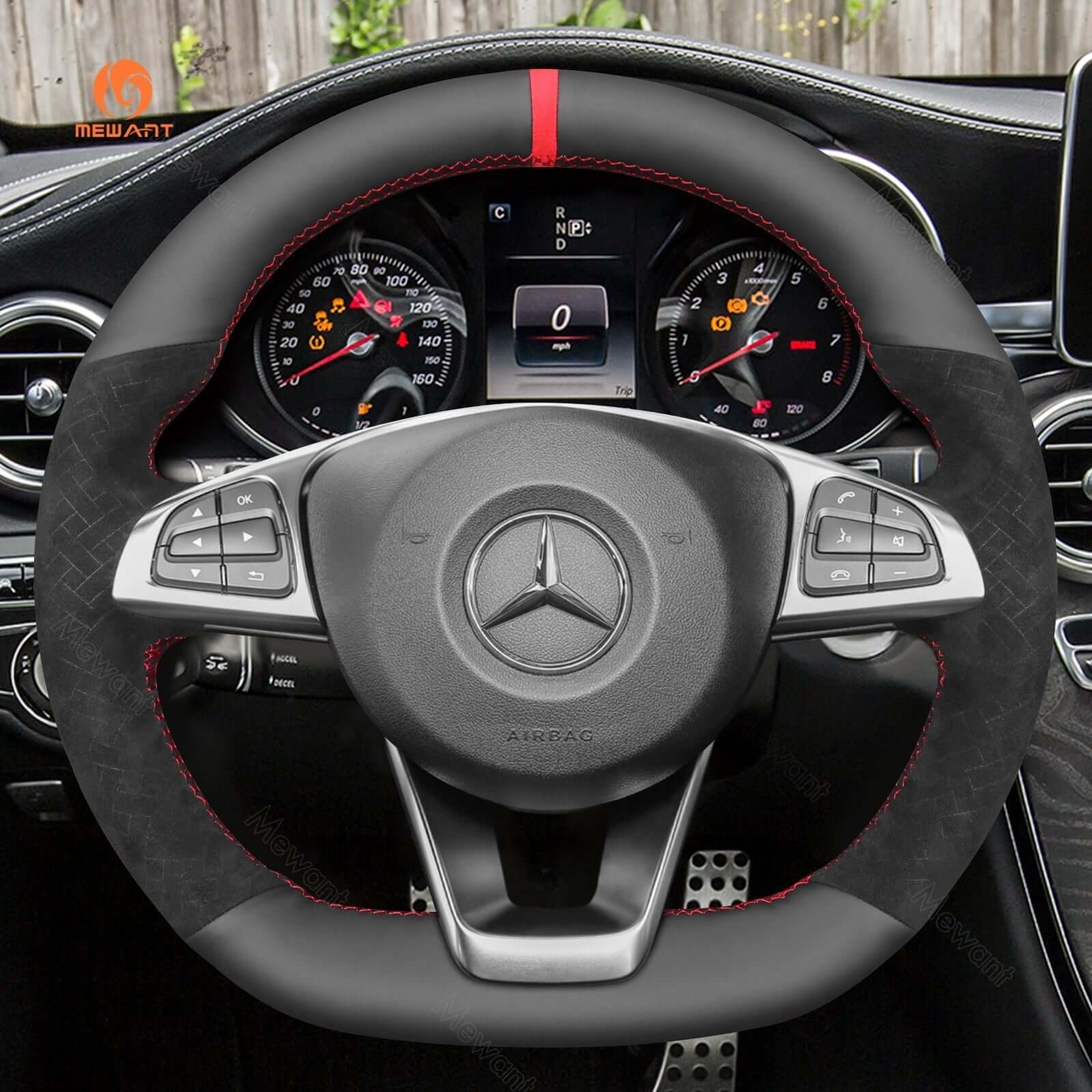 MEWANT Steering Wheel Cover for Mercedes Benz W176 W246 W205 C117 C218 X218 W213 X253 C253 2015 - 2020 - Alcantara, Leather, Carbon Fiber, Easy Install, Non - Slip, Best Steering Wheel Cover