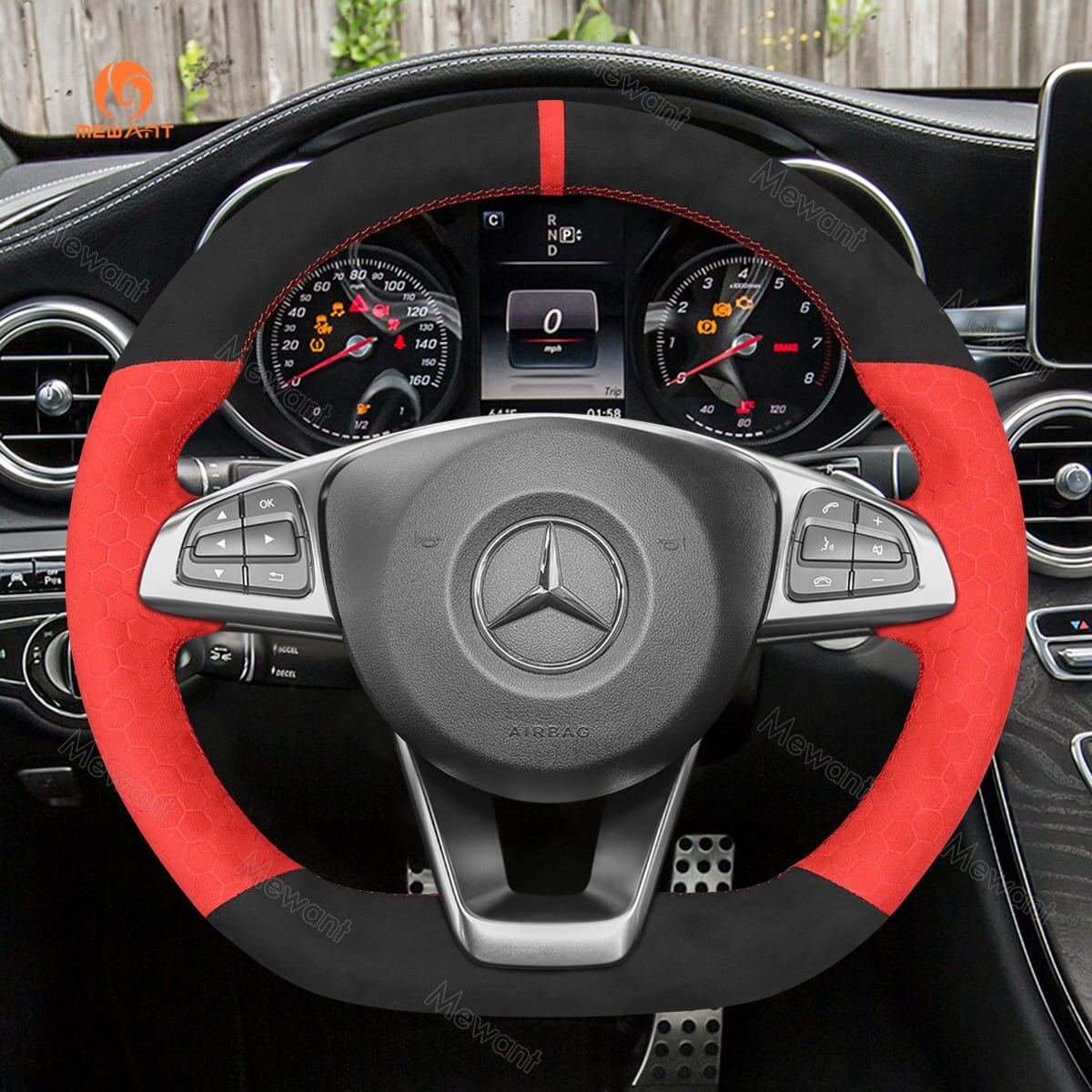 MEWANT Steering Wheel Cover for Mercedes Benz W176 W246 W205 C117 C218 X218 W213 X253 C253 2015 - 2020 - Alcantara, Leather, Carbon Fiber, Easy Install, Non - Slip, Best Steering Wheel Cover