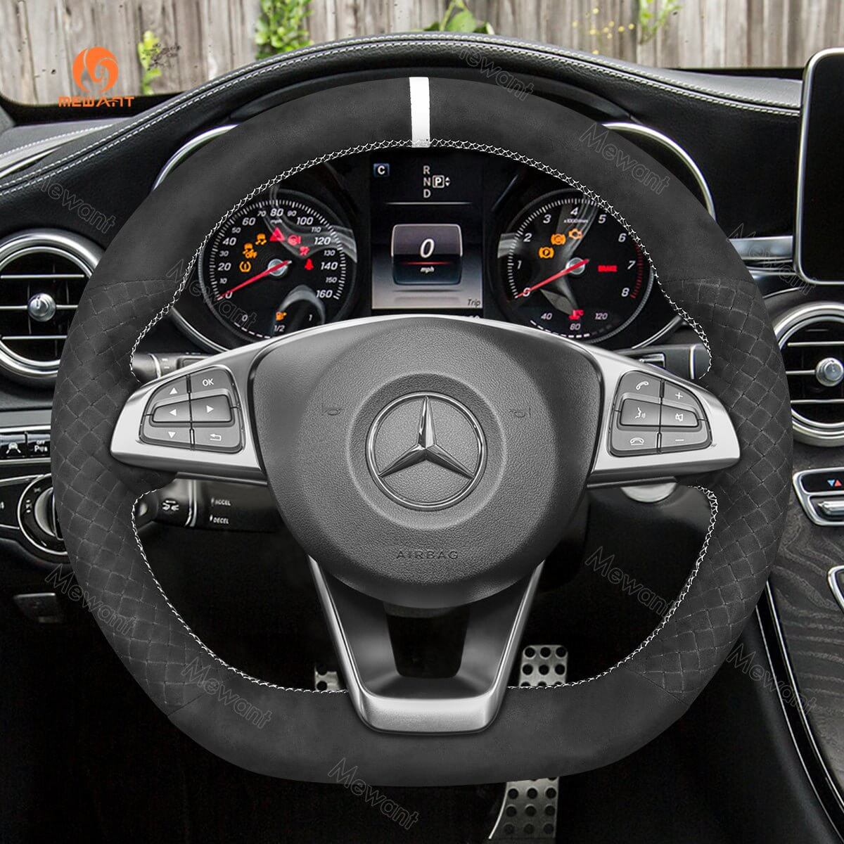 MEWANT Steering Wheel Cover for Mercedes Benz W176 W246 W205 C117 C218 X218 W213 X253 C253 2015 - 2020 - Alcantara, Leather, Carbon Fiber, Easy Install, Non - Slip, Best Steering Wheel Cover