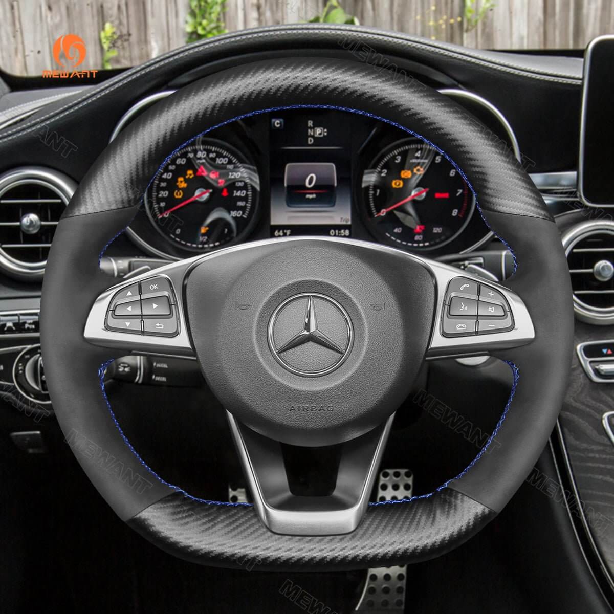 MEWANT Steering Wheel Cover for Mercedes Benz W176 W246 W205 C117 C218 X218 W213 X253 C253 2015 - 2020 - Alcantara, Leather, Carbon Fiber, Easy Install, Non - Slip, Best Steering Wheel Cover