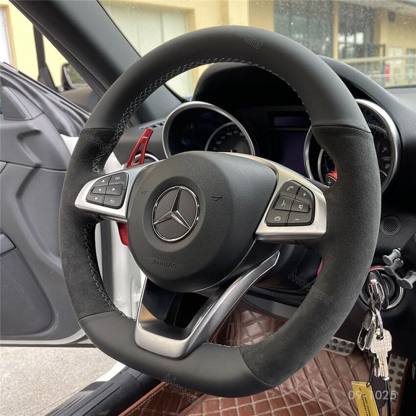 MEWANT Steering Wheel Cover for Mercedes Benz W176 W246 W205 C117 C218 X218 W213 X253 C253 2015 - 2020 - Alcantara, Leather, Carbon Fiber, Easy Install, Non - Slip, Best Steering Wheel Cover
