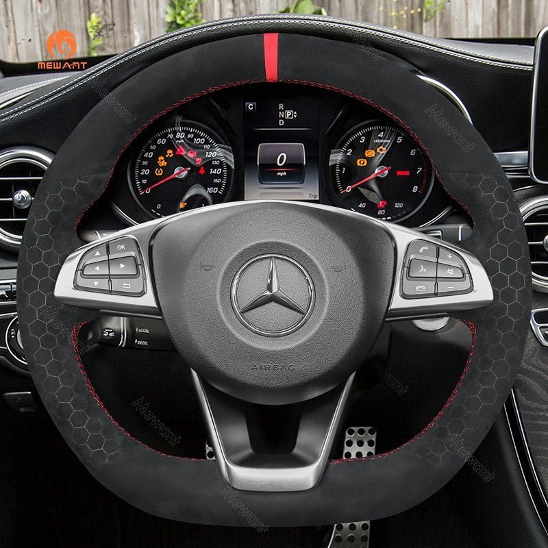 MEWANT Steering Wheel Cover for Mercedes Benz W176 W246 W205 C117 C218 X218 W213 X253 C253 2015 - 2020 - Alcantara, Leather, Carbon Fiber, Easy Install, Non - Slip, Best Steering Wheel Cover