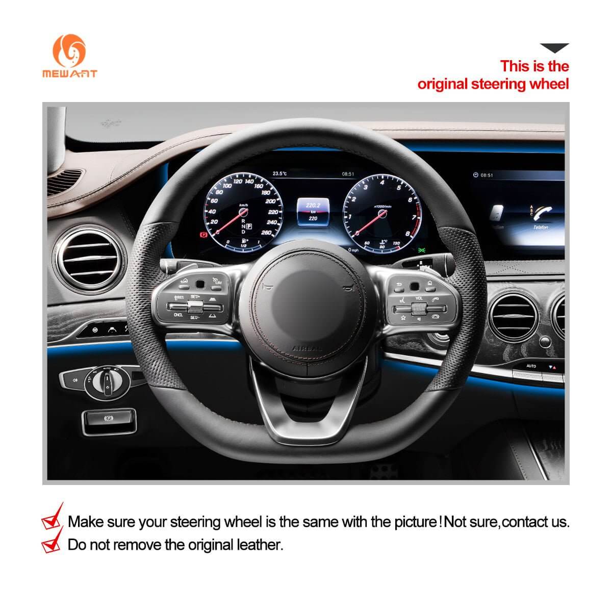 MEWANT Steering Wheel Cover for Mercedes Benz W177 W205 C118 C257 W213 W463 H247 X247 W167 W222 2019 - 2021 - Alcantara, Leather, Carbon Fiber, Easy Install, Non - Slip, Best Steering Wheel Cover