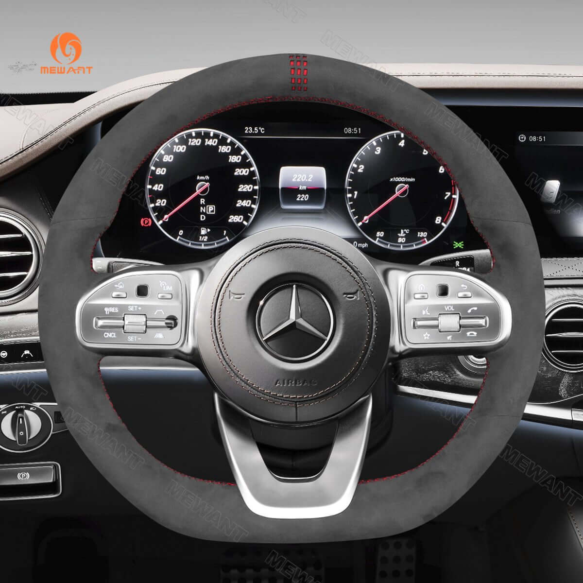 MEWANT Steering Wheel Cover for Mercedes Benz W177 W205 C118 C257 W213 W463 H247 X247 W167 W222 2019 - 2021 - Alcantara, Leather, Carbon Fiber, Easy Install, Non - Slip, Best Steering Wheel Cover