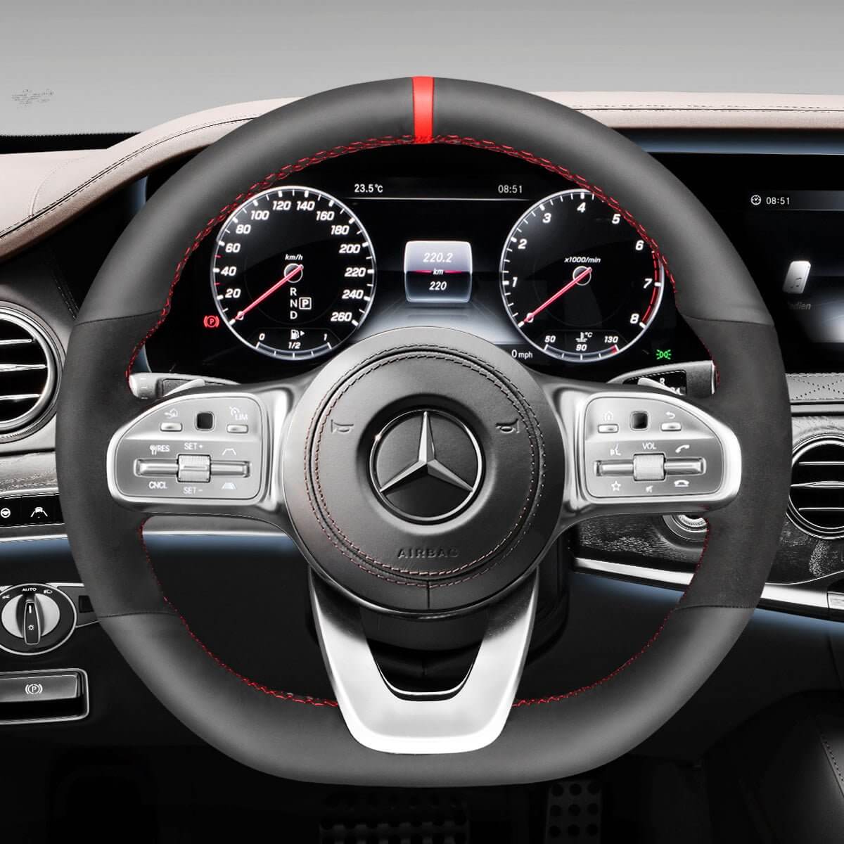 MEWANT Steering Wheel Cover for Mercedes Benz W177 W205 C118 C257 W213 W463 H247 X247 W167 W222 2019 - 2021 - Alcantara, Leather, Carbon Fiber, Easy Install, Non - Slip, Best Steering Wheel Cover