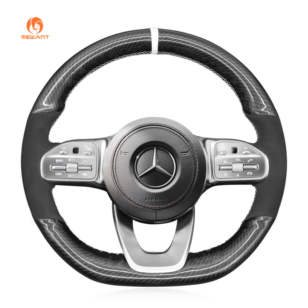 MEWANT Steering Wheel Cover for Mercedes Benz W177 W205 C118 C257 W213 W463 H247 X247 W167 W222 2019 - 2021 - Alcantara, Leather, Carbon Fiber, Easy Install, Non - Slip, Best Steering Wheel Cover