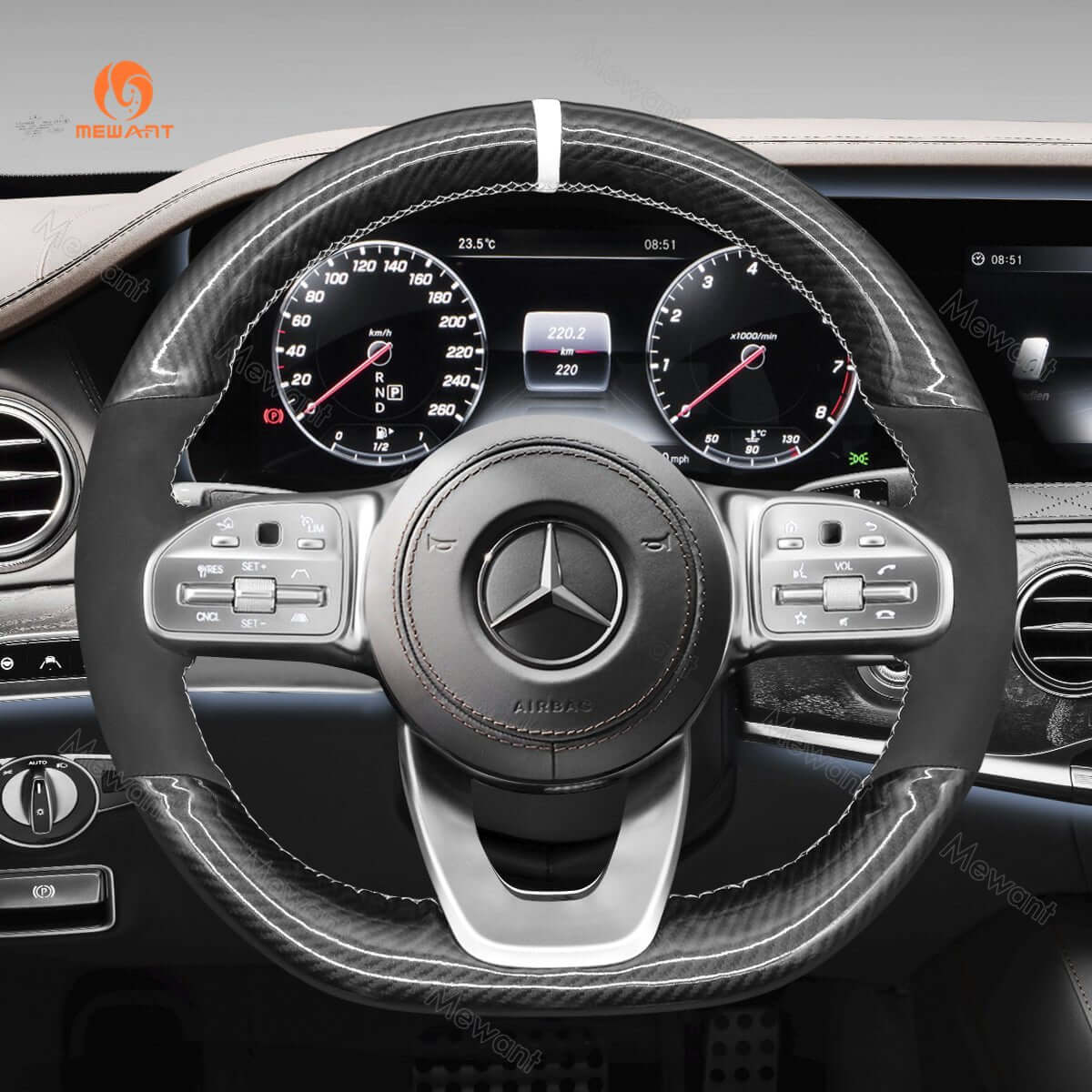 MEWANT Steering Wheel Cover for Mercedes Benz W177 W205 C118 C257 W213 W463 H247 X247 W167 W222 2019 - 2021 - Alcantara, Leather, Carbon Fiber, Easy Install, Non - Slip, Best Steering Wheel Cover