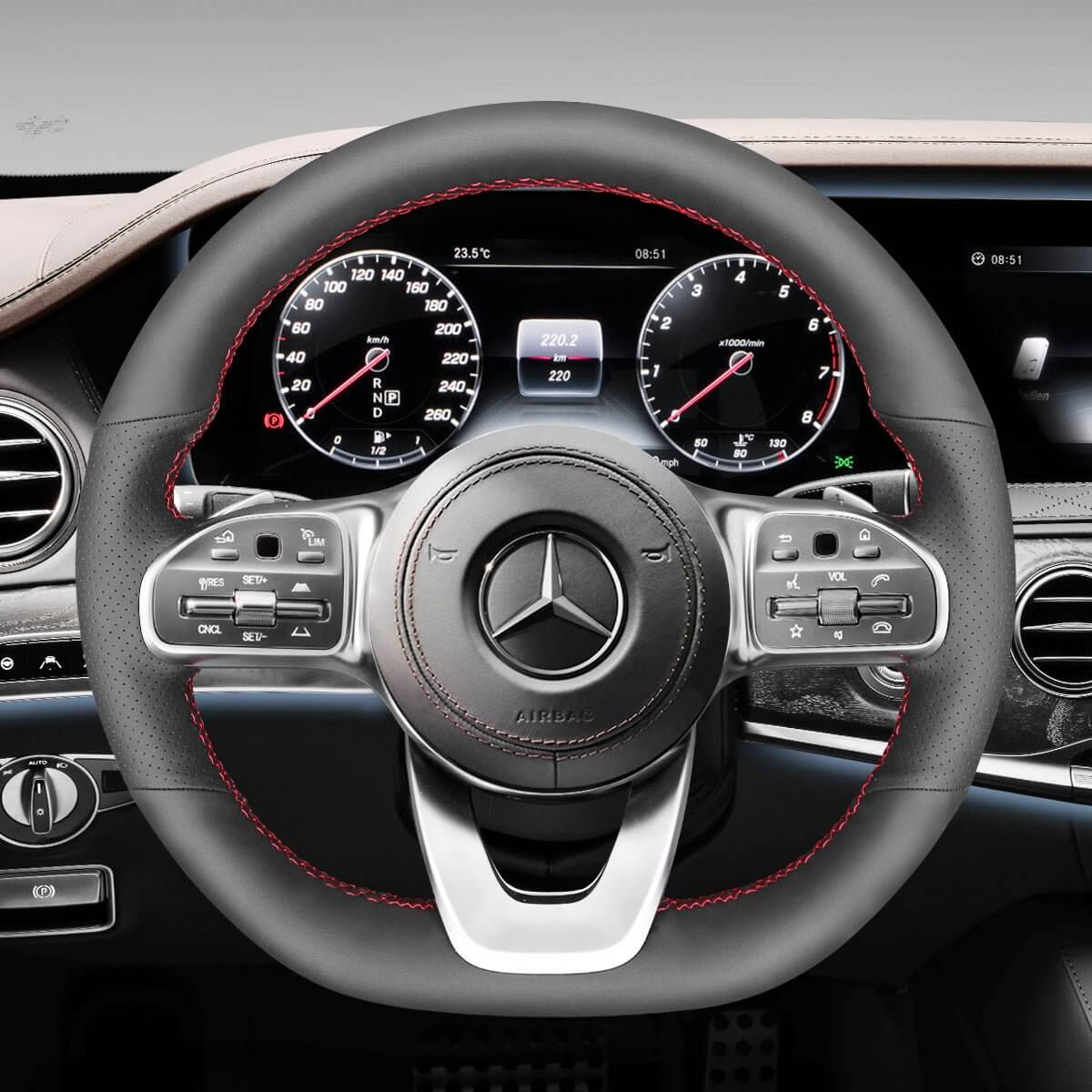 MEWANT Steering Wheel Cover for Mercedes Benz W177 W205 C118 C257 W213 W463 H247 X247 W167 W222 2019 - 2021 - Alcantara, Leather, Carbon Fiber, Easy Install, Non - Slip, Best Steering Wheel Cover