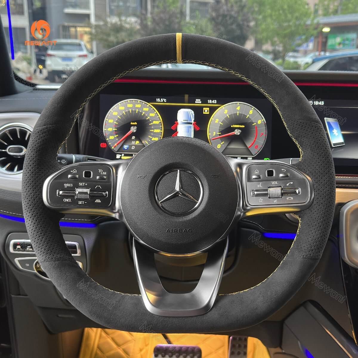 MEWANT Steering Wheel Cover for Mercedes Benz W177 W205 C118 C257 W213 W463 H247 X247 W167 W222 2019 - 2021 - Alcantara, Leather, Carbon Fiber, Easy Install, Non - Slip, Best Steering Wheel Cover