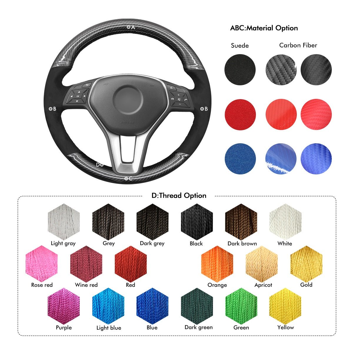 MEWANT Steering Wheel Cover for Mercedes Benz W204 W212 W246 C117 C218 X156 X204 2012 - 2016 - Alcantara, Leather, Carbon Fiber, Easy Install, Non - Slip, Best Steering Wheel Cover