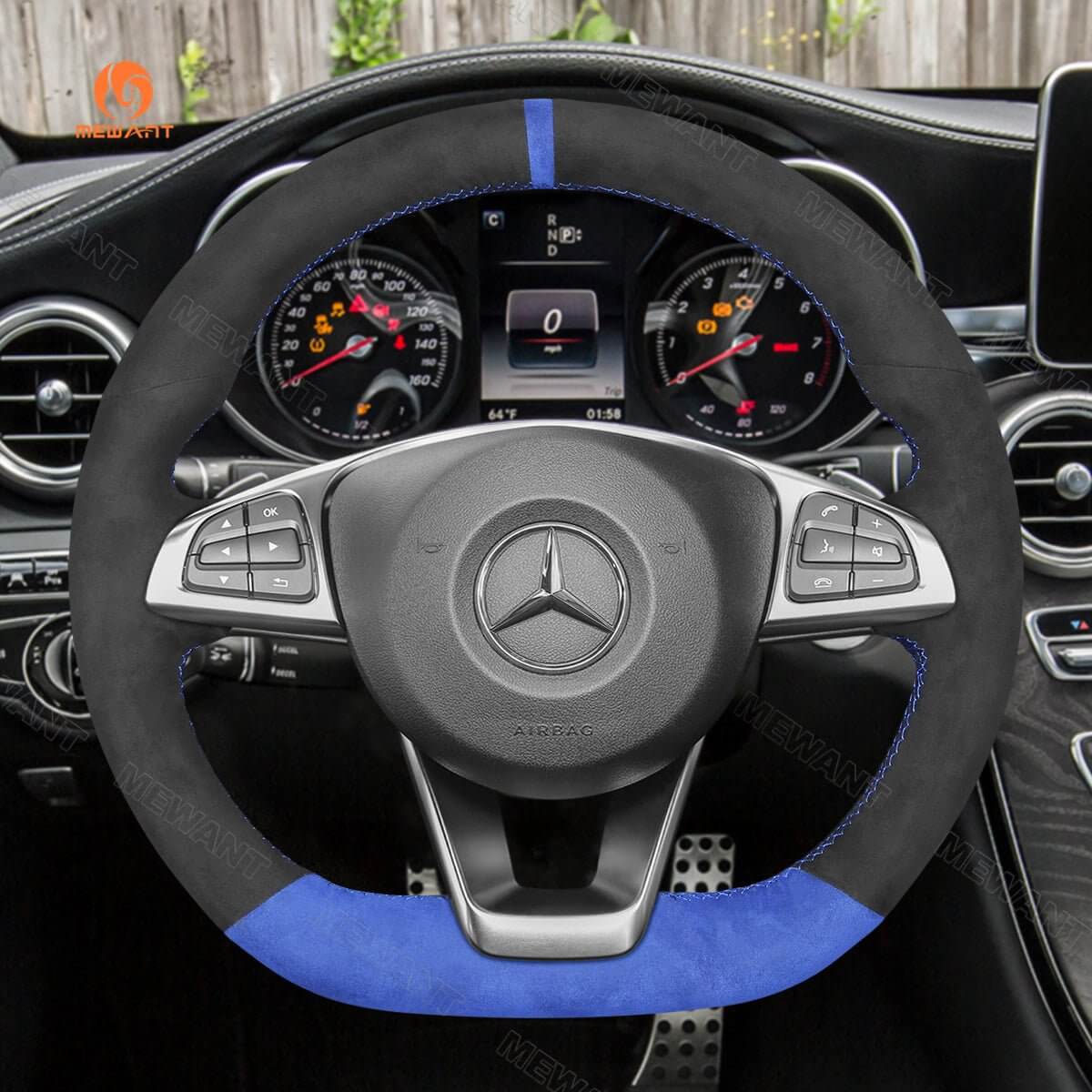 MEWANT Steering Wheel Cover for Mercedes Benz W205 AMG C43 GLA 45 C218 W213 X253 C253 W166 W222 R172 R231 2015 - 2019 - Alcantara, Leather, Carbon Fiber, Easy Install, Non - Slip, Best Steering Wheel Cover