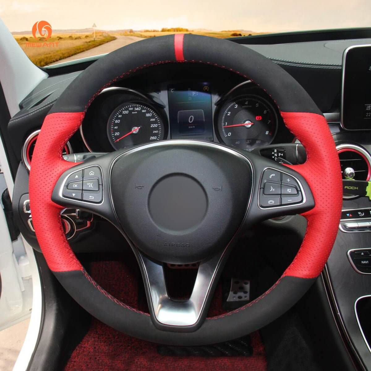 MEWANT Steering Wheel Cover for Mercedes Benz W205 C117 C218 W213 X156 X253 C253 W166 X166 W447 2015 - 2021 - Alcantara, Leather, Carbon Fiber, Easy Install, Non - Slip, Best Steering Wheel Cover