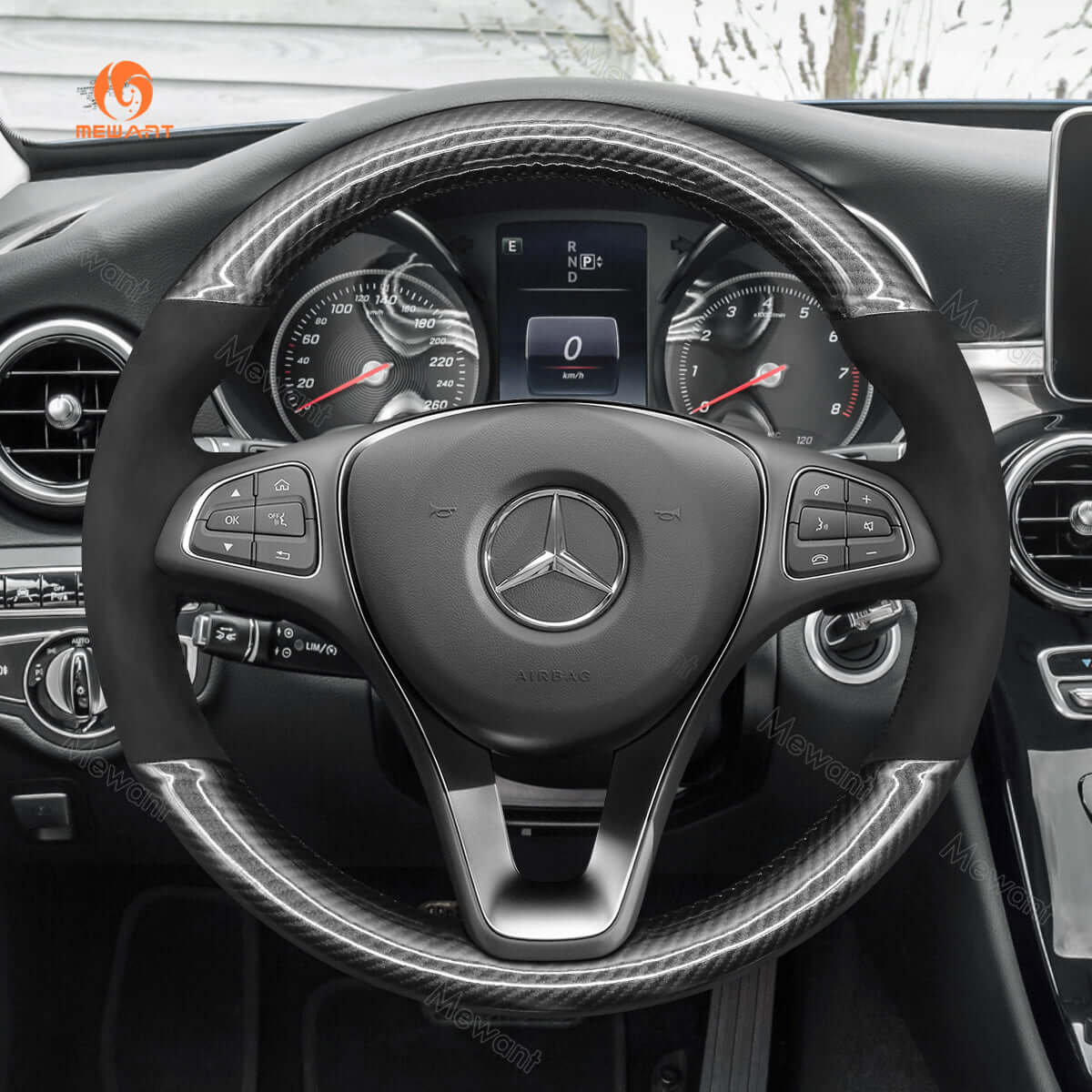 MEWANT Steering Wheel Cover for Mercedes Benz W205 C117 C218 W213 X156 X253 C253 W166 X166 W447 2015 - 2021 - Alcantara, Leather, Carbon Fiber, Easy Install, Non - Slip, Best Steering Wheel Cover