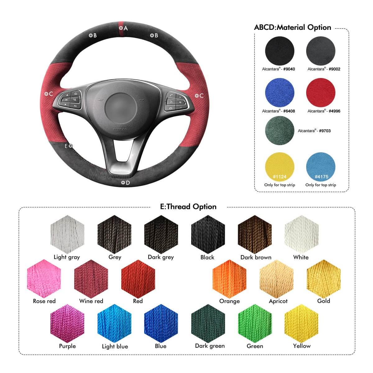 MEWANT Steering Wheel Cover for Mercedes Benz W205 C117 C218 W213 X156 X253 C253 W166 X166 W447 2015 - 2021 - Alcantara, Leather, Carbon Fiber, Easy Install, Non - Slip, Best Steering Wheel Cover