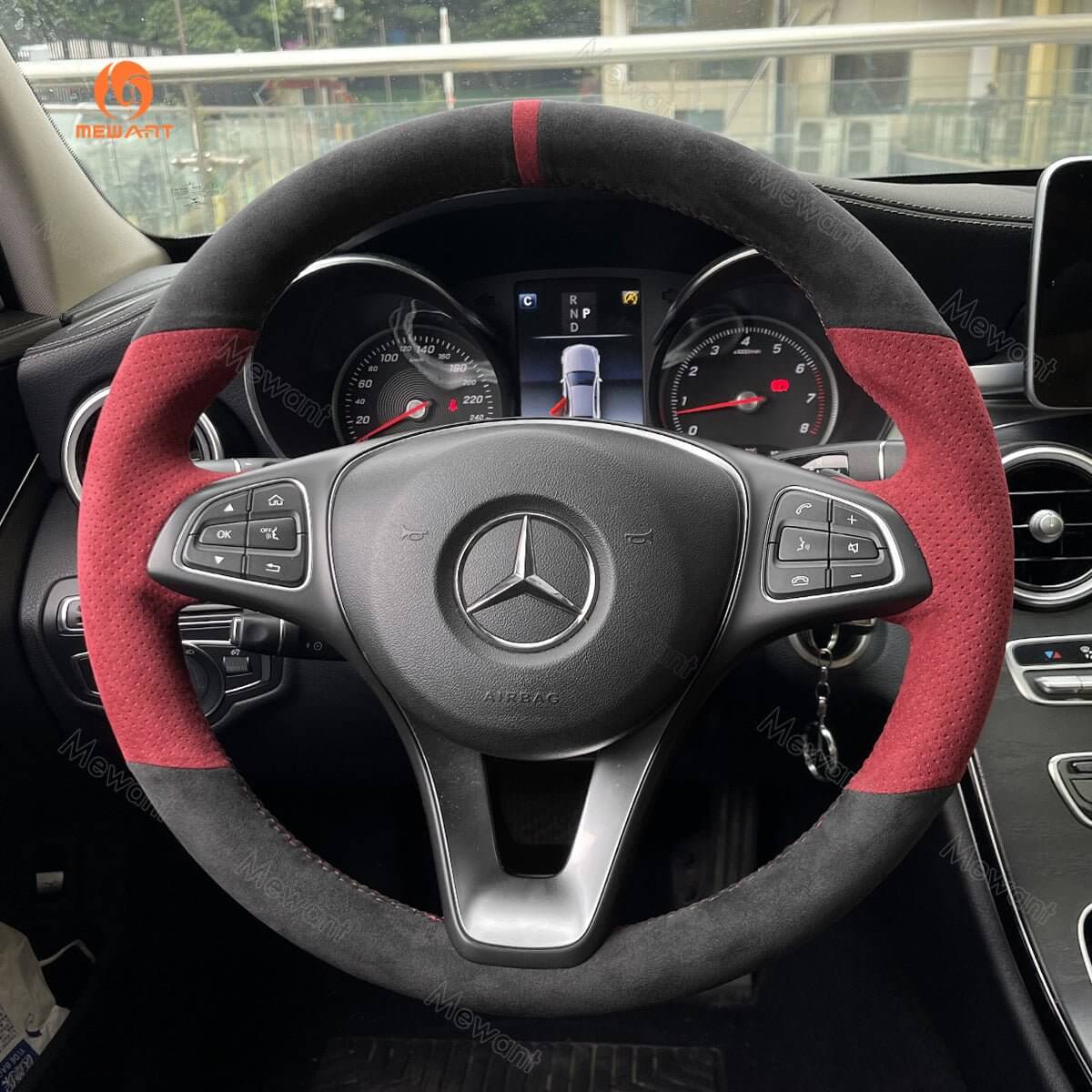 MEWANT Steering Wheel Cover for Mercedes Benz W205 C117 C218 W213 X156 X253 C253 W166 X166 W447 2015 - 2021 - Alcantara, Leather, Carbon Fiber, Easy Install, Non - Slip, Best Steering Wheel Cover
