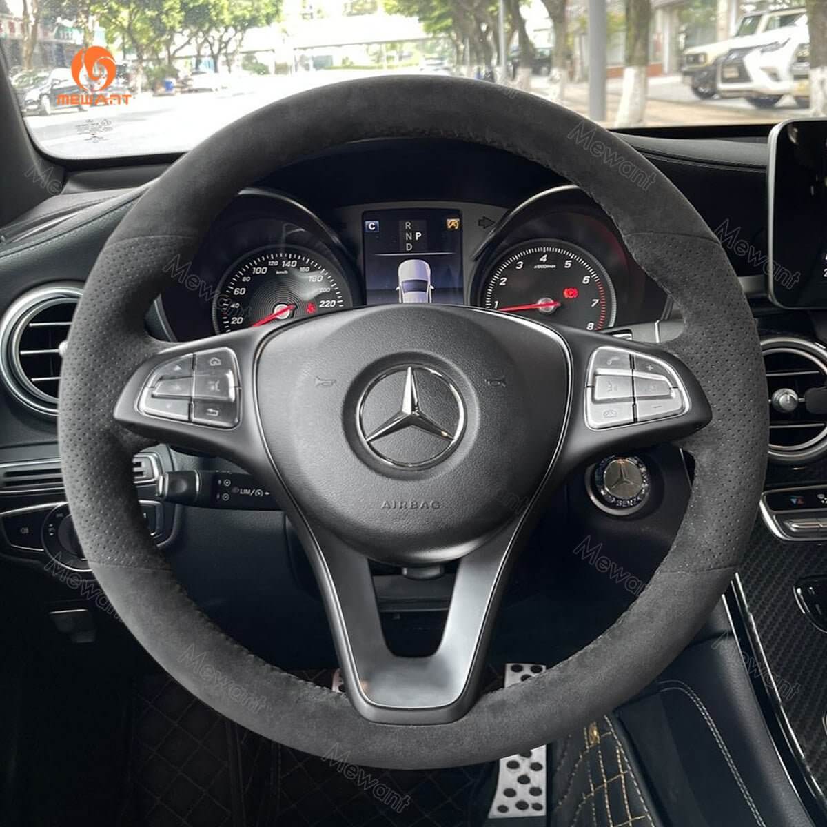 MEWANT Steering Wheel Cover for Mercedes Benz W205 C117 C218 W213 X156 X253 C253 W166 X166 W447 2015 - 2021 - Alcantara, Leather, Carbon Fiber, Easy Install, Non - Slip, Best Steering Wheel Cover