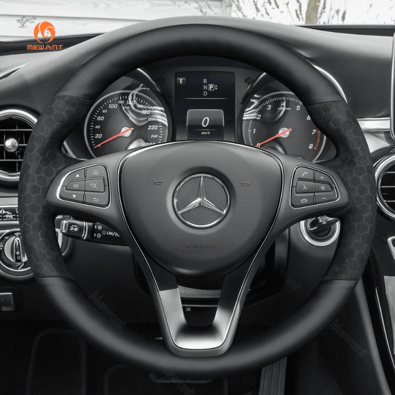 MEWANT Steering Wheel Cover for Mercedes Benz W205 C117 C218 W213 X156 X253 C253 W166 X166 W447 2015 - 2021 - Alcantara, Leather, Carbon Fiber, Easy Install, Non - Slip, Best Steering Wheel Cover