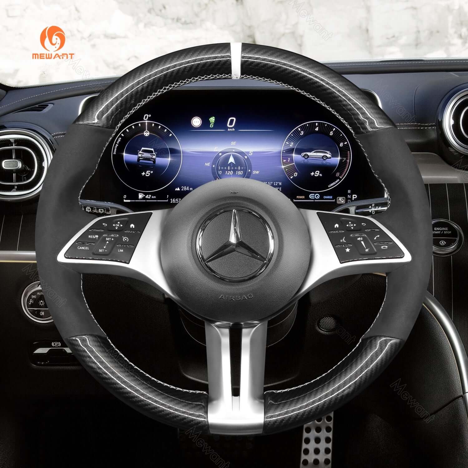 MEWANT Steering Wheel Cover for Mercedes benz W206 EQE V295 W247 X254 2021 - 2023 - Alcantara, Leather, Carbon Fiber, Easy Install, Non - Slip, Best Steering Wheel Cover