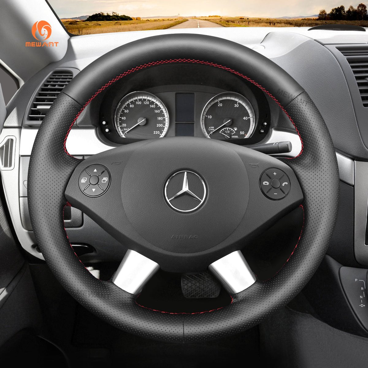 MEWANT Steering Wheel Cover for Mercedes Benz W639 Viano Vito Valente 2010 - 2015 - Alcantara, Leather, Carbon Fiber, Easy Install, Non - Slip, Best Steering Wheel Cover