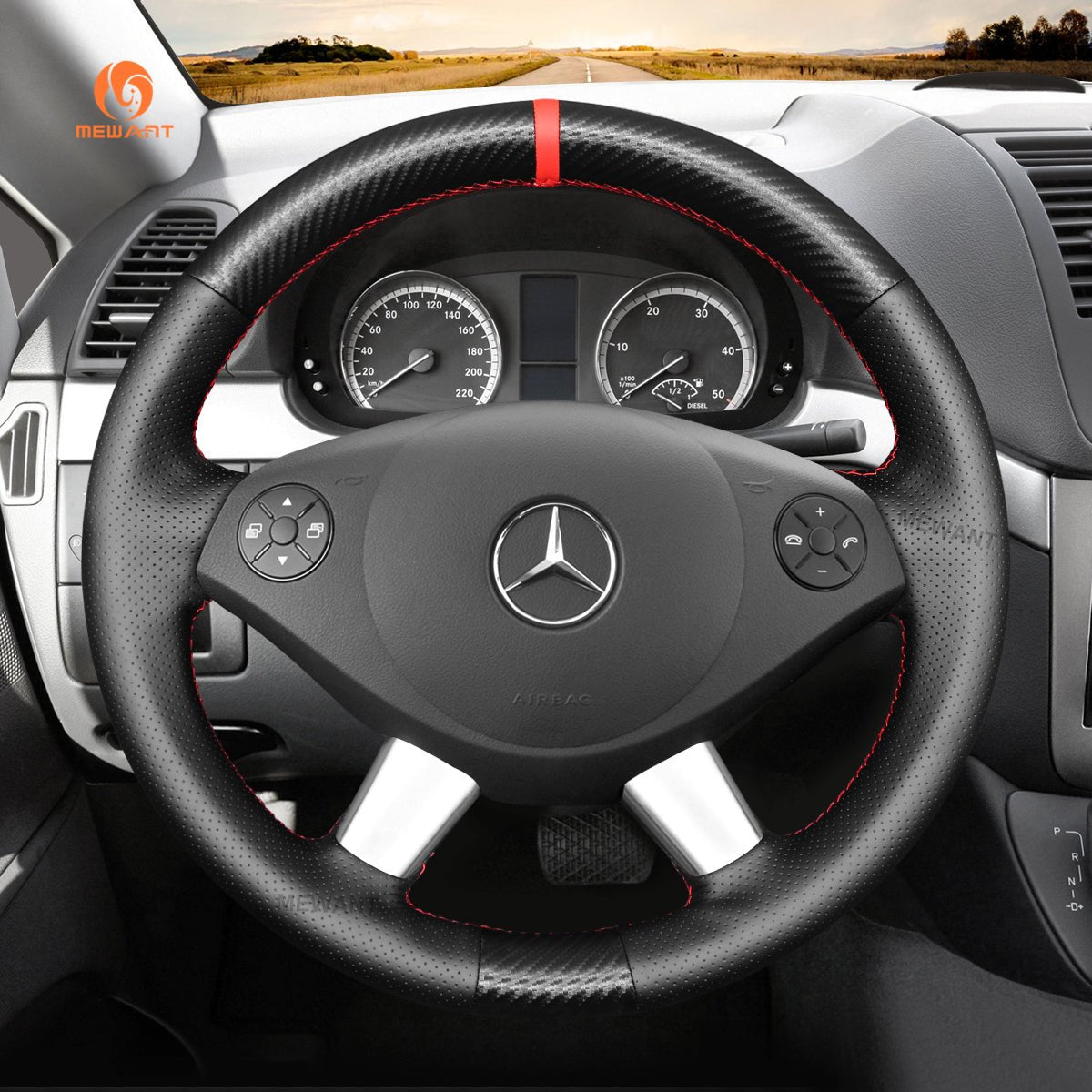 MEWANT Steering Wheel Cover for Mercedes Benz W639 Viano Vito Valente 2010 - 2015 - Alcantara, Leather, Carbon Fiber, Easy Install, Non - Slip, Best Steering Wheel Cover