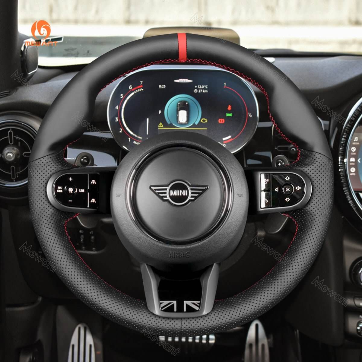 MEWANT Steering Wheel Cover for Mini Clubman F54 Convertible Cabrio F57 Countryman Hardtop F60 F55/F56 2021 - 2024 - Alcantara, Leather, Carbon Fiber, Easy Install, Non - Slip, Best Steering Wheel Cover