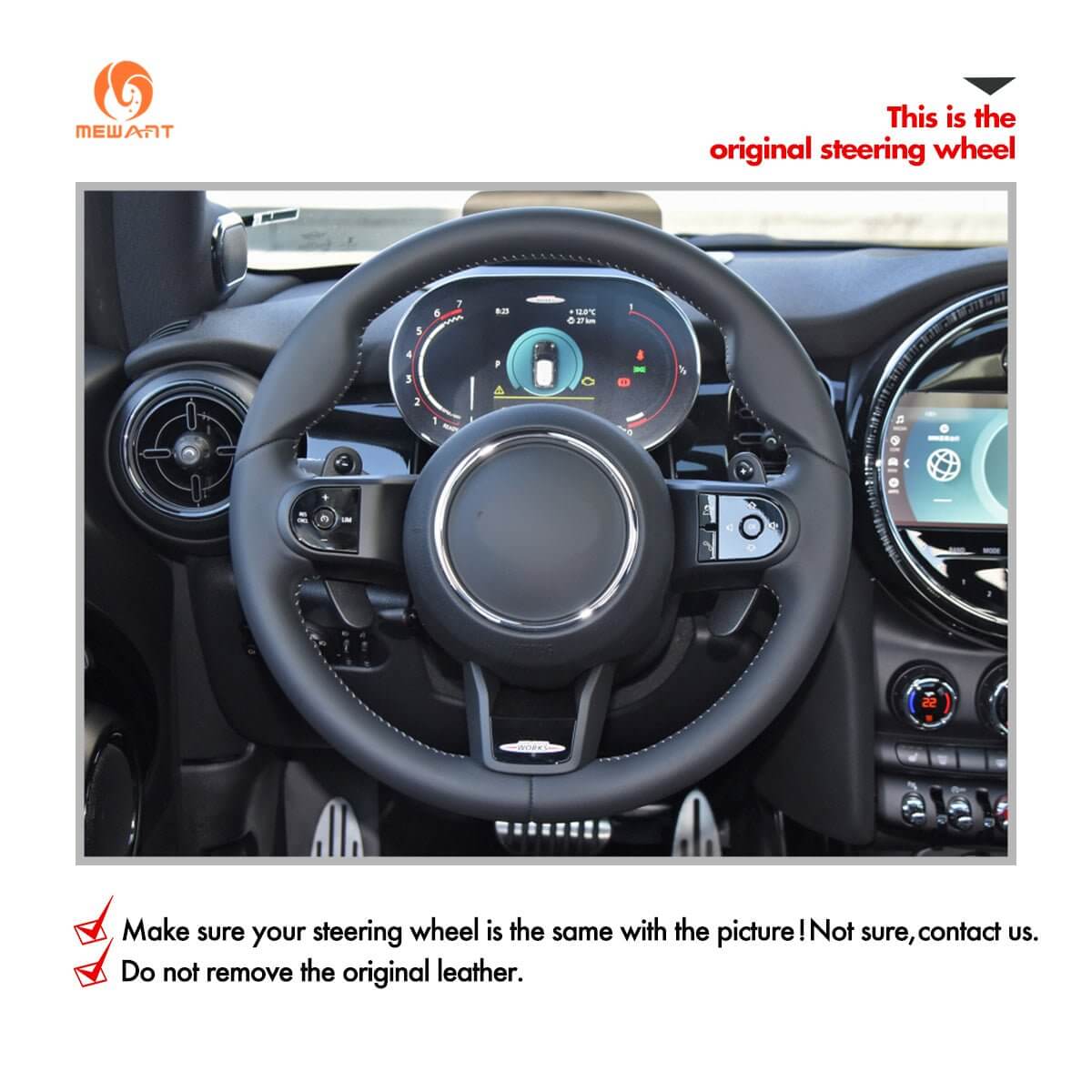 MEWANT Steering Wheel Cover for Mini Clubman F54 Convertible Cabrio F57 Countryman Hardtop F60 F55/F56 2021 - 2024 - Alcantara, Leather, Carbon Fiber, Easy Install, Non - Slip, Best Steering Wheel Cover