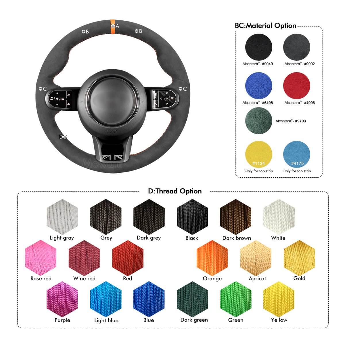 MEWANT Steering Wheel Cover for Mini Clubman F54 Convertible Cabrio F57 Countryman Hardtop F60 F55/F56 2021 - 2024 - Alcantara, Leather, Carbon Fiber, Easy Install, Non - Slip, Best Steering Wheel Cover
