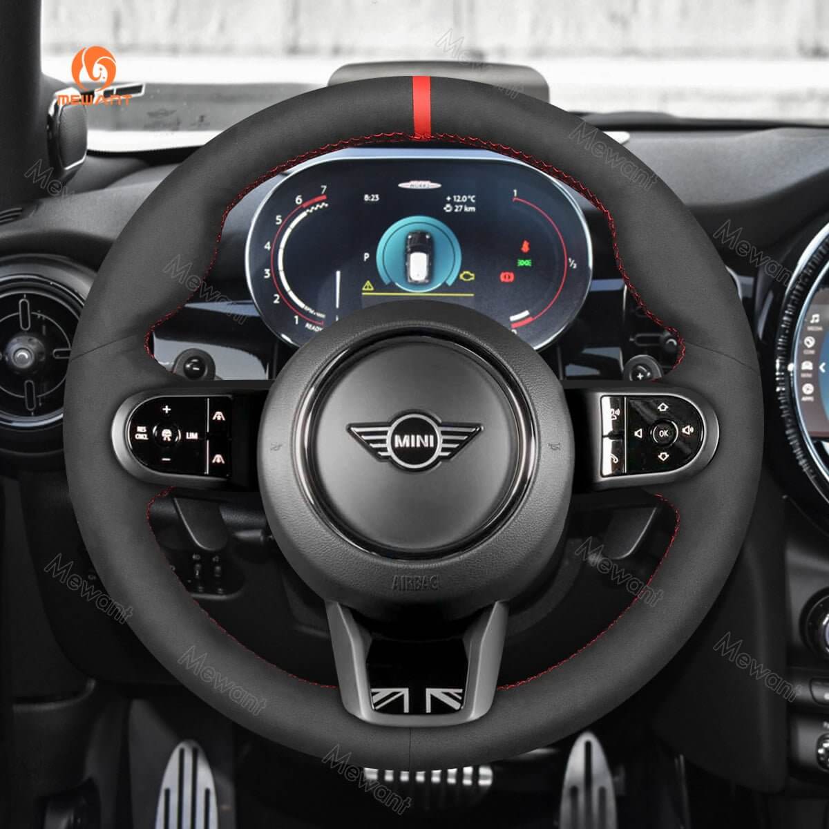 MEWANT Steering Wheel Cover for Mini Clubman F54 Convertible Cabrio F57 Countryman Hardtop F60 F55/F56 2021 - 2024 - Alcantara, Leather, Carbon Fiber, Easy Install, Non - Slip, Best Steering Wheel Cover