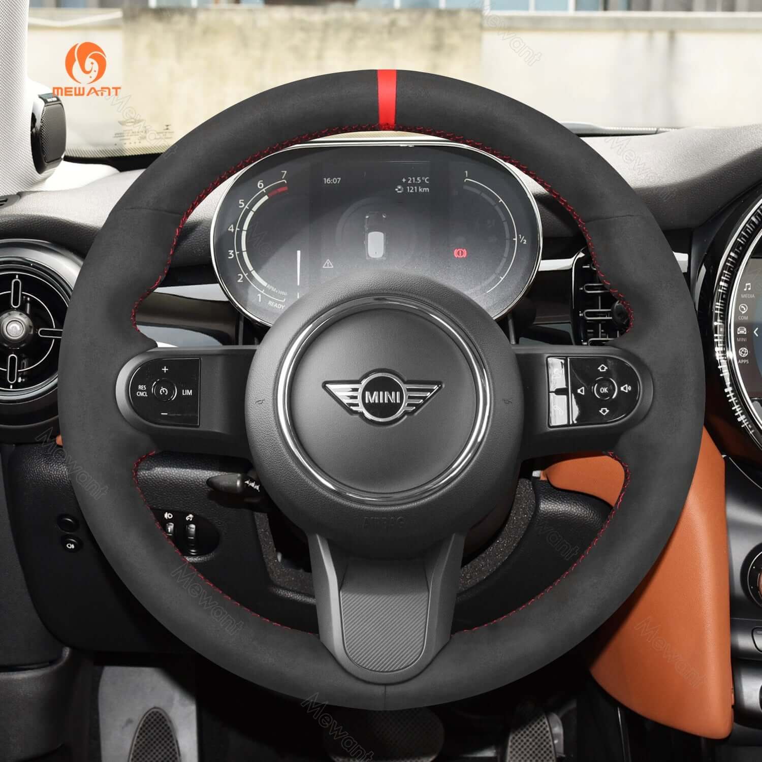 MEWANT Steering Wheel Cover for Mini Convertible F57 Countryman F60 Hardtop F55 F56 Clubman F54 Countryman F60 Hatchback 2021 - 2024 - Alcantara, Leather, Carbon Fiber, Easy Install, Non - Slip, Best Steering Wheel Cover