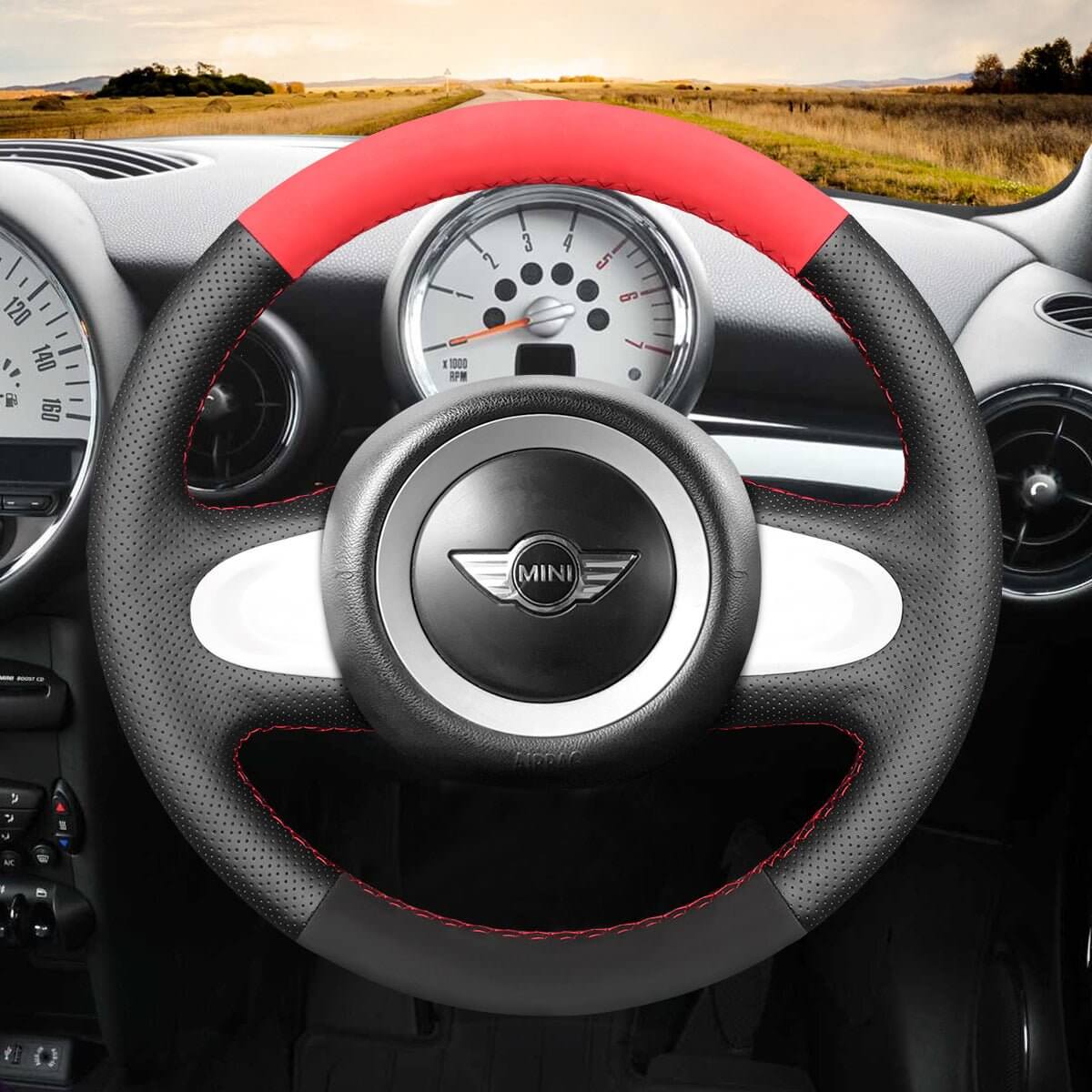 MEWANT Steering Wheel Cover for Mini R56/R57 Clubman Clubvan Convertible Countryman Coupe Paceman Roadster 2007 - 2017 - Alcantara, Leather, Carbon Fiber, Easy Install, Non - Slip, Best Steering Wheel Cover
