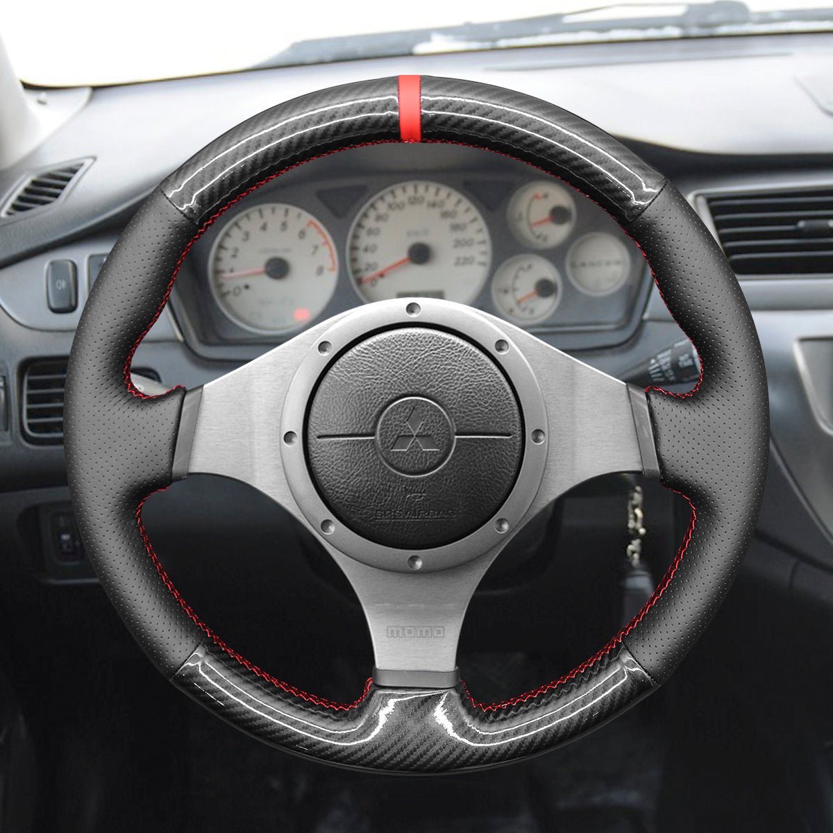 MEWANT Steering Wheel Cover for Mitsubishi Lancer Evolution EVO IX 9 VIII 8 VII 7 2001 - 2007 - Alcantara, Leather, Carbon Fiber, Easy Install, Non - Slip, Best Steering Wheel Cover