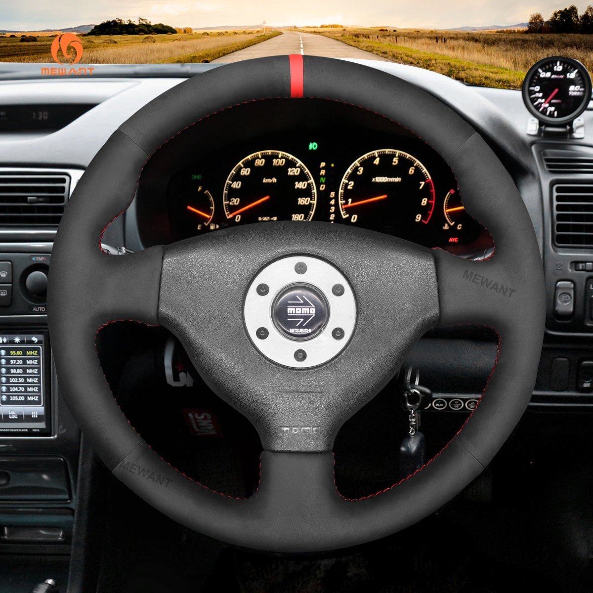 MEWANT Steering Wheel Cover for Mitsubishi Lancer Evolution EVO VI6 V5 IV 4 1996 - 2000 - Alcantara, Leather, Carbon Fiber, Easy Install, Non - Slip, Best Steering Wheel Cover