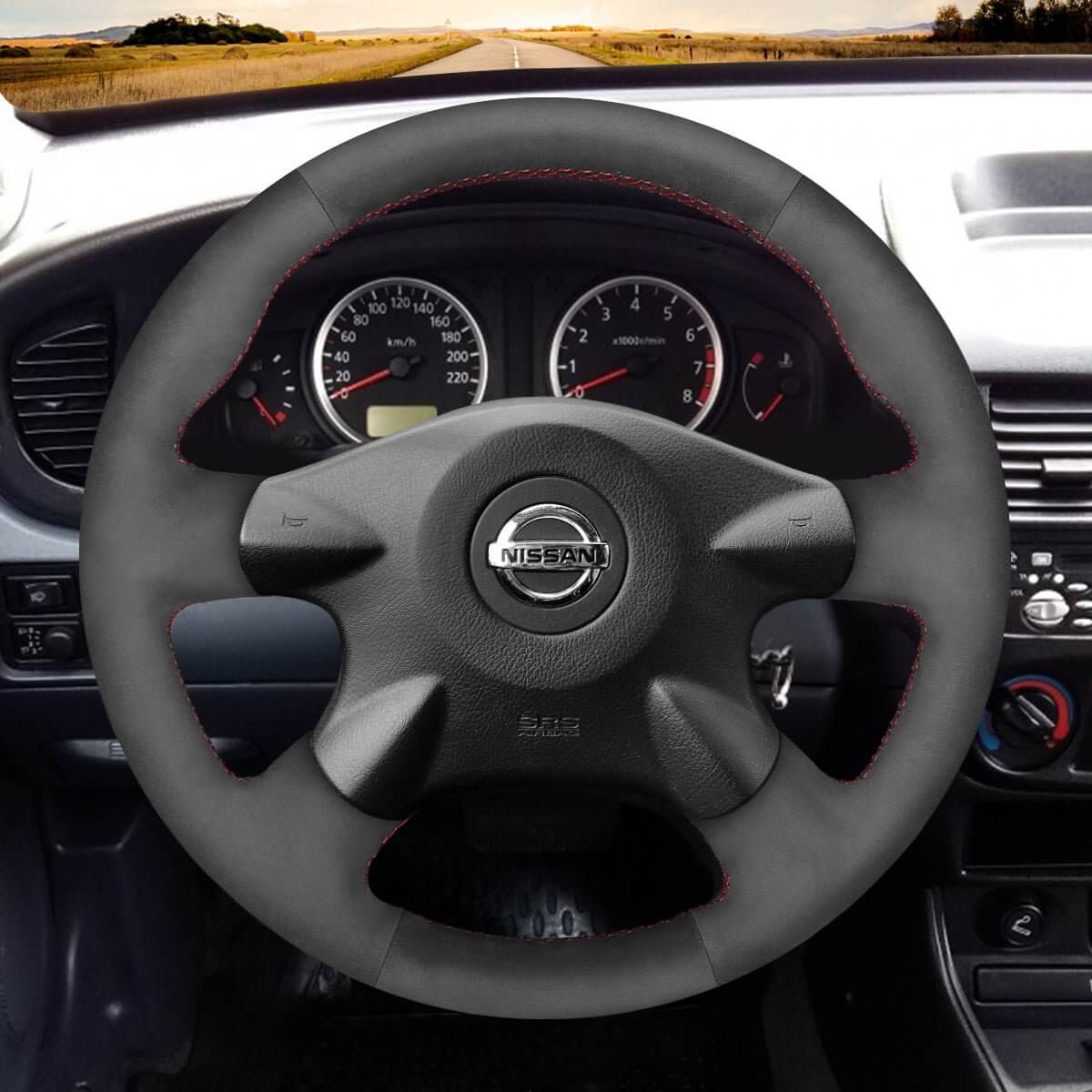 MEWANT Steering Wheel Cover for Nissan Almera N16 Tino X - Trail T30 Primera P12 Terrano 2 Serena Pathfinder Bluebird Sylphy avan Expert 2002 - 2007 - Alcantara, Leather, Carbon Fiber, Easy Install, Non - Slip, Best Steering Wheel Cover