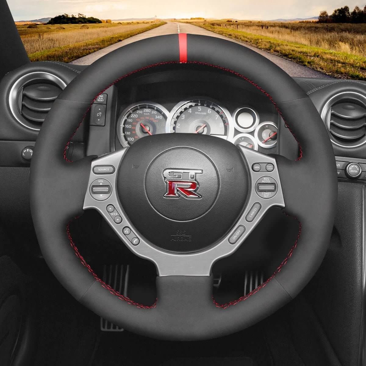 MEWANT Steering Wheel Cover for Nissan GTR GT - R Nismo 2008 - 2016 - Alcantara, Leather, Carbon Fiber, Easy Install, Non - Slip, Best Steering Wheel Cover