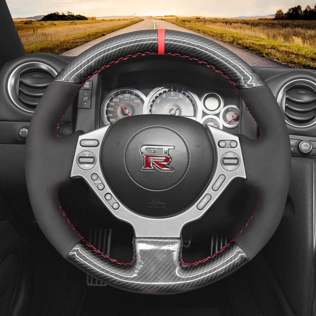 MEWANT Steering Wheel Cover for Nissan GTR GT - R Nismo 2008 - 2016 - Alcantara, Leather, Carbon Fiber, Easy Install, Non - Slip, Best Steering Wheel Cover