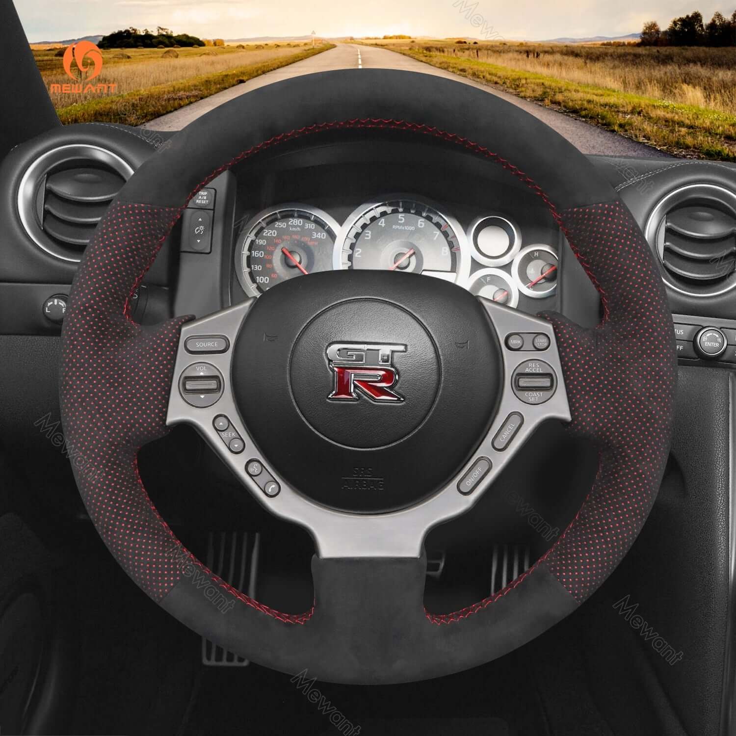 MEWANT Steering Wheel Cover for Nissan GTR GT - R Nismo 2008 - 2016 - Alcantara, Leather, Carbon Fiber, Easy Install, Non - Slip, Best Steering Wheel Cover